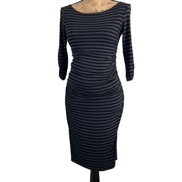 EUC! Mom’s the Word Black Gray Striped Fitted Side Ruching Maternity/Nursing Lon - Picture 1 of 7